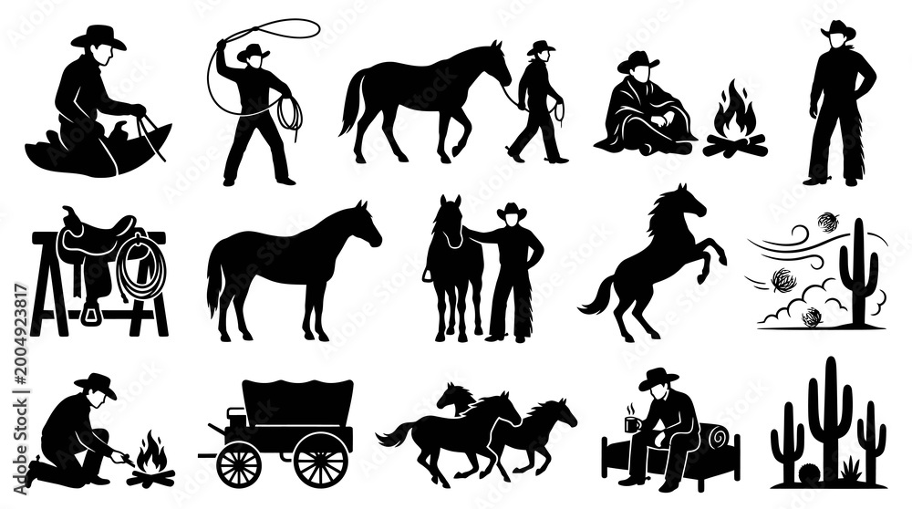Fototapeta premium Western Cowboy Ranching Silhouette Glyphs Icons Set
