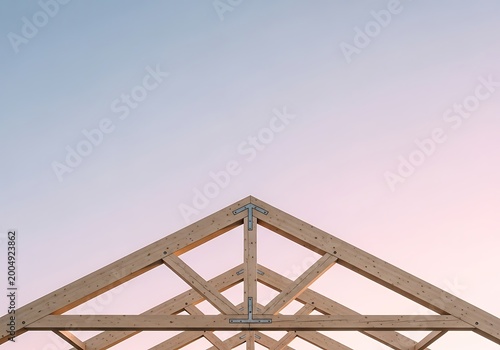 Wooden roof truss frame construction under a pastel sky