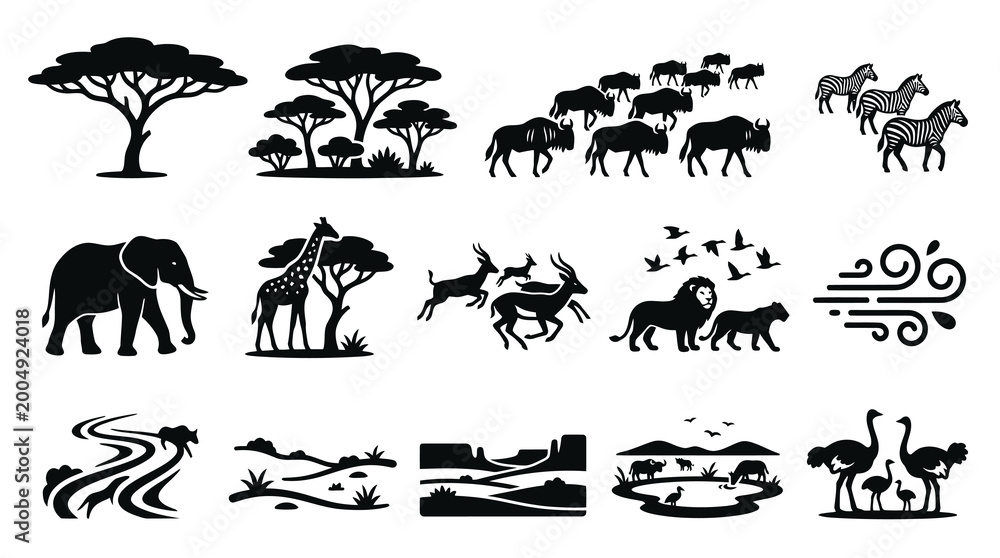 Fototapeta premium Black White African Safari Wildlife and Landscape Vector Silhouettes