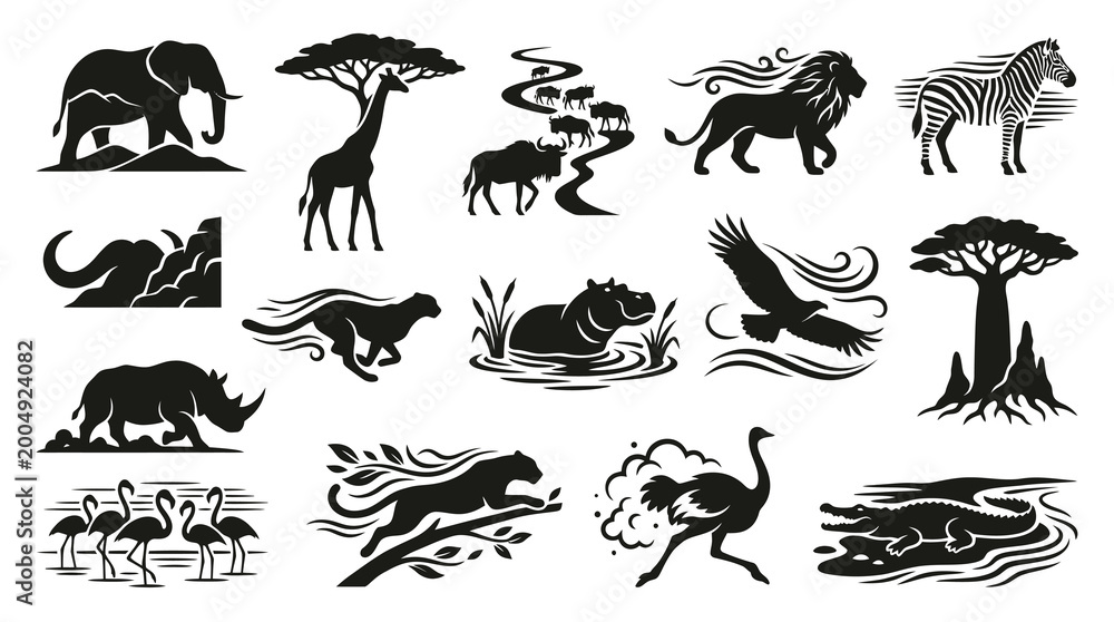Fototapeta premium African Wildlife Icons Set - Black White Vector Art for Safari Themes