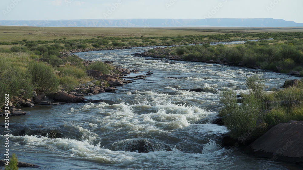 Fototapeta premium Rugged Steppe River Landscape Under Harsh Sunlight