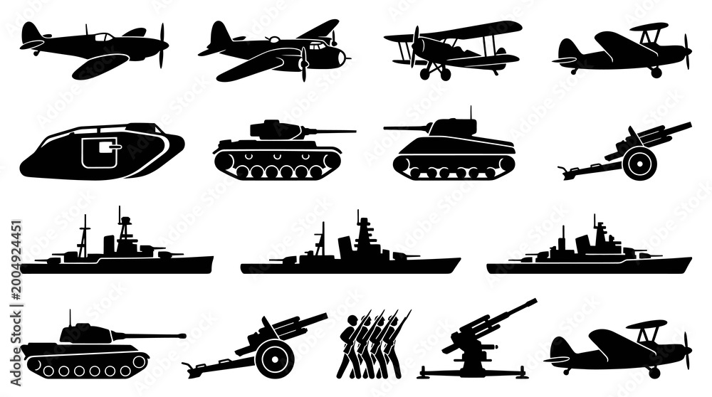 Fototapeta premium Military War Vehicles and Equipment Silhouettes Icon Set - Black and White Glyphs