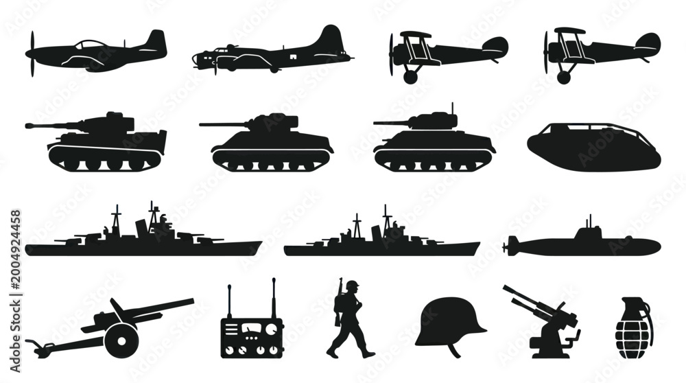 Fototapeta premium Military War Vehicles, Weapons Soldier Equipment Black Silhouette Icons Set