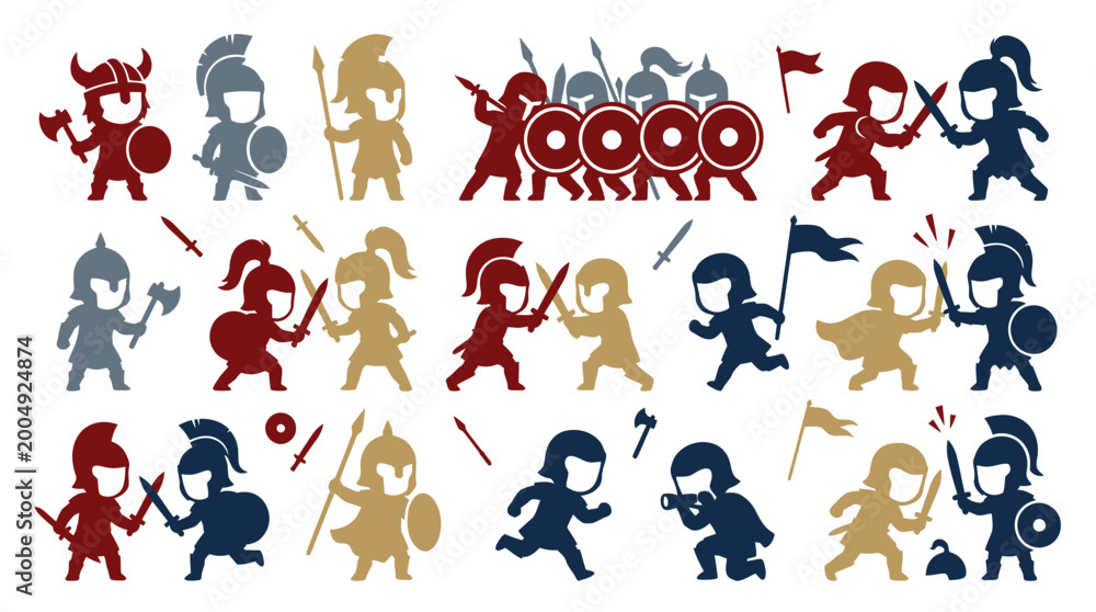 Obraz premium Flat Cartoon Historical and Fantasy Warfare Warrior Characters Vector Illustration