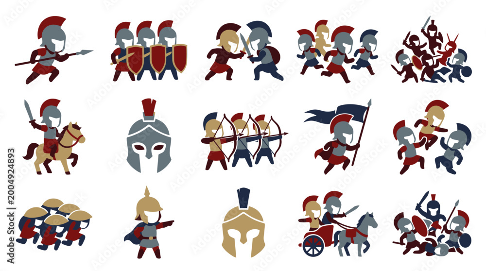 Obraz premium Ancient Military History Flat Vector Icons: Roman Greek Spartan Warriors Battle