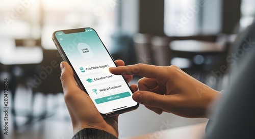 Hand using smartphone app for charity and donations