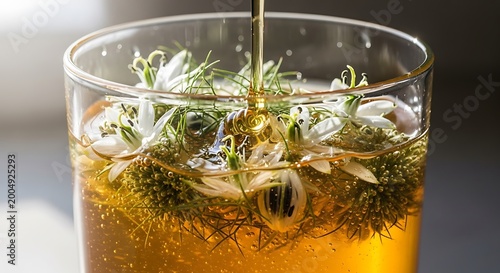 Golden honey pouring into glass with white flowers and green herbs amber liquid