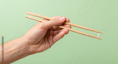 Hand holding wooden chopsticks picking up a single grain of rice on green background