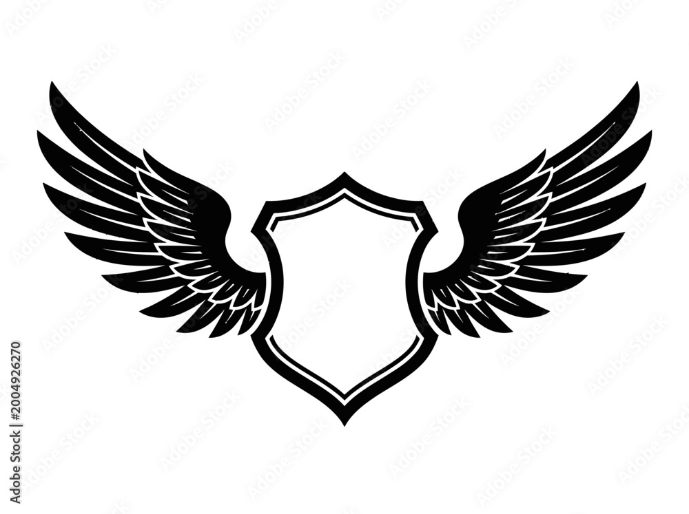 Fototapeta premium A graphic design features black wings surrounding a shield emblem.