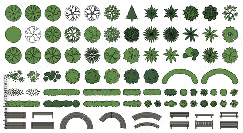Top view trees, bushes, hedges, and park. Comprehensive vector set of top-view trees, bushes, hedges, and park furniture. Vector illustration.