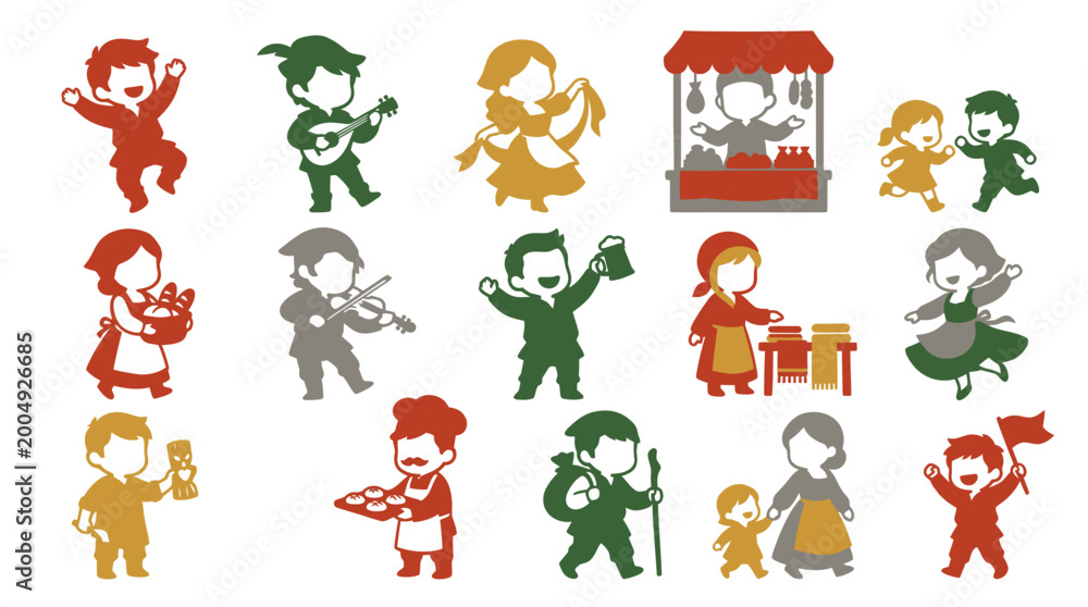 Naklejka premium Traditional European Folk Characters Flat Vector Illustrations for Festivals and Stories