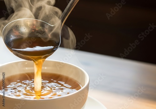 Hot steaming broth being poured from a ladle into a white bowl