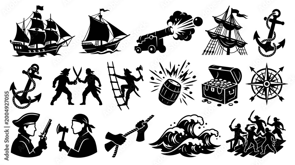 Fototapeta premium Black White Pirate and Nautical Adventure Vector Glyph Icons Set