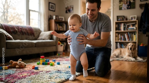 Father and Baby Bonding - A Moment of First Steps and Joy.