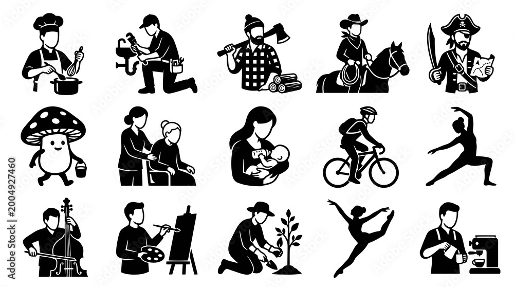 Naklejka premium Black and White Glyph Icons of Diverse Professions and Hobbies