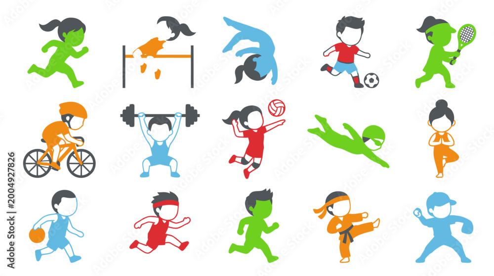 Obraz premium Flat Vector Illustration Set of Kids Sports Activities and Athletes Icons