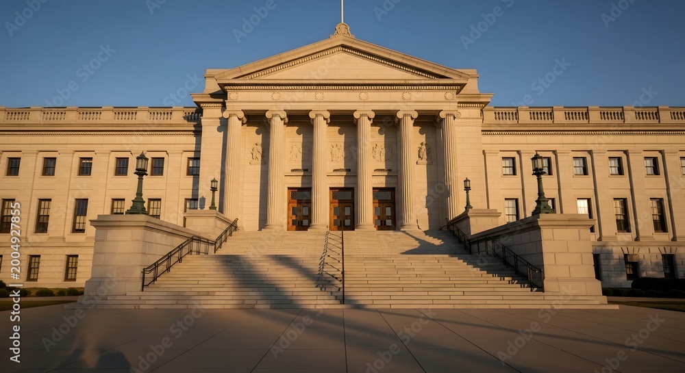 Obraz premium Neoclassical government building with stone columns at sunset, majestic courthouse facade with grand staircase, historic municipal architecture