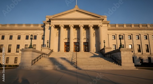 Neoclassical government building with stone columns at sunset, majestic courthouse facade with grand staircase, historic municipal architecture