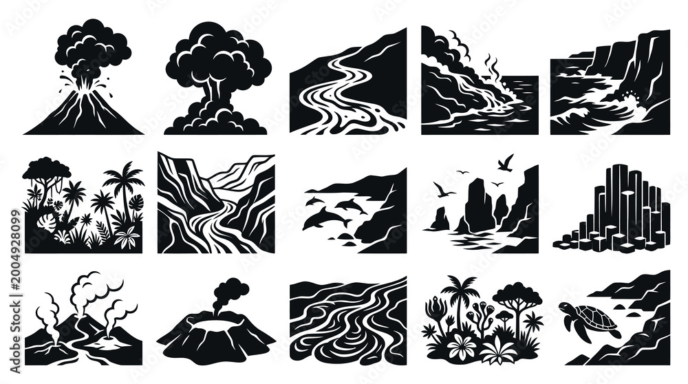 Fototapeta premium Nature Geography Landscapes Glyphs Black White Vector Icons Set