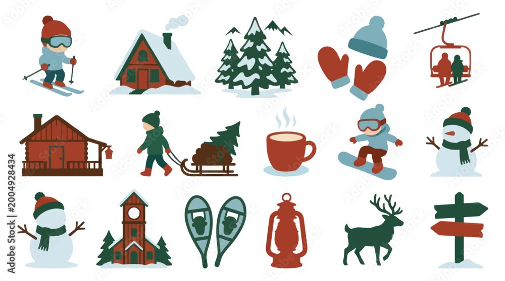 Fototapeta premium Flat Vector Winter Holiday Sports Icons Collection with Skier, Snowman, Cabin and Seasonal Elements