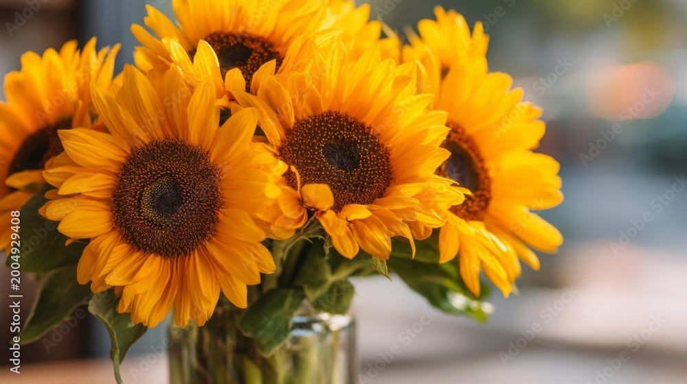 Obraz premium Bright Sunflowers in Clear Vase with Natural Light in Background, Warm and Cheerful Floral Arrangement Perfect for Home or Event Decor