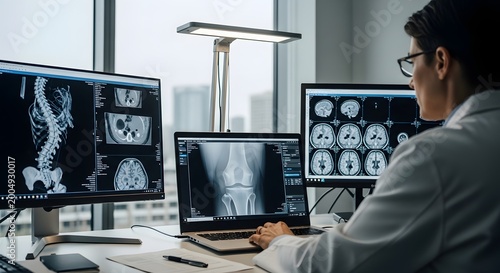 Medical professional examining diagnostic scans on multiple monitors