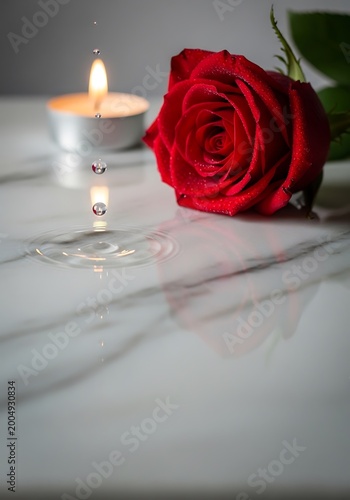 Red rose with water drops falling on marble surface and lit candle