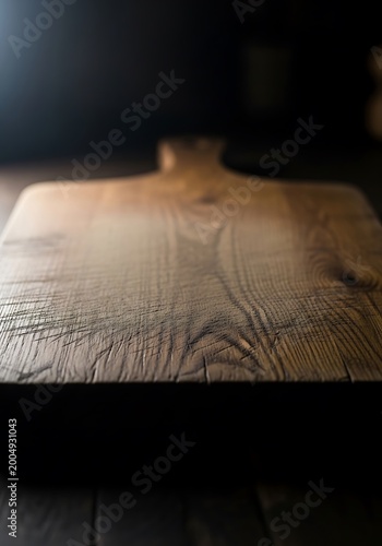 Rustic wooden cutting board on dark background with dramatic lighting