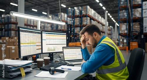 Overworked man analyzing data in warehouse office setting