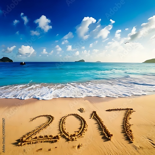 2017 written in sand on a tropical beach