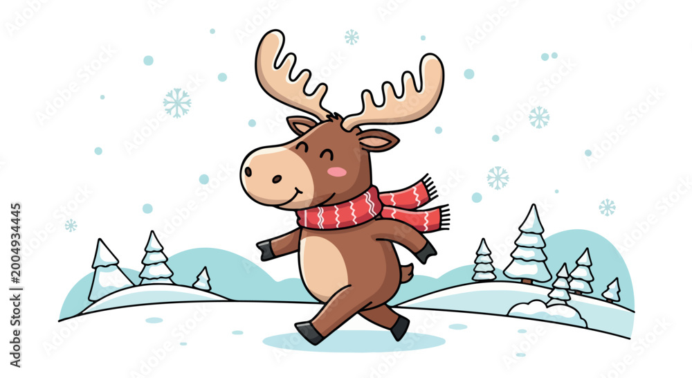 Fototapeta premium Playful cartoon moose with scarf and playful animal gliding through a winter landscape with snowy trees