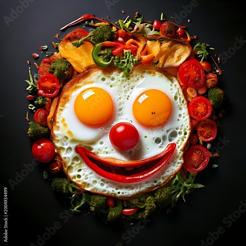 A breakfast face made of food on dark background