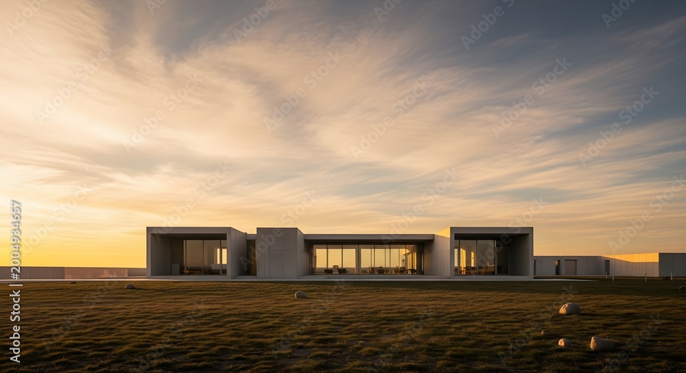 Obraz premium Modernist concrete villa at sunset, luxury brutalist architecture with glass walls, minimalist desert home exterior under dramatic golden sky