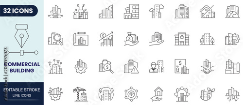 Cuadro en lienzo Commercial building icon set in outline style