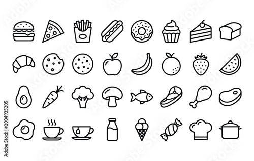 Food Outline Icons Collection – Fast Food, Fruits, Vegetables and Kitchen Line Vector Set