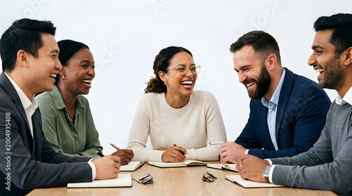 A group of diverse colleagues laughing and collaborating at a meeting around a wooden table with notebooks and pens in a modern office setting.