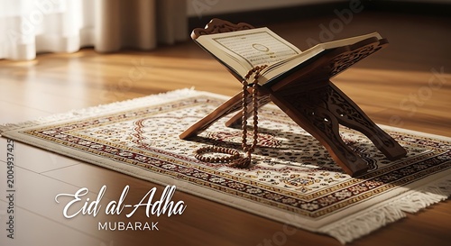 A beautifully arranged quran stand on a traditional prayer mat for eid al-adha celebration