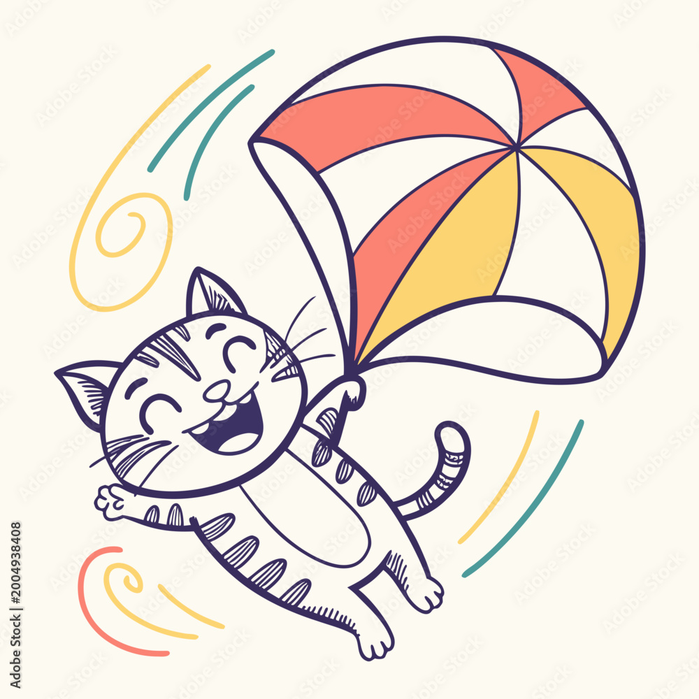 Fototapeta premium A cute cat skydiving with a parachute and windy lines.