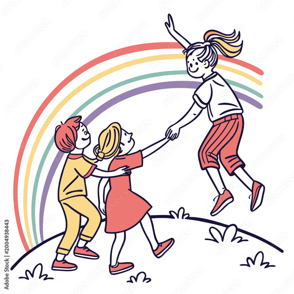 Obraz premium Happy friends jumping high near beautiful rainbow.