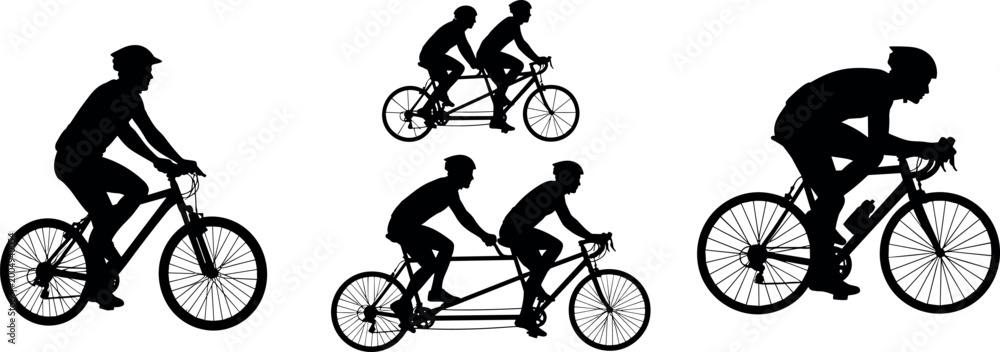Fototapeta premium Cyclist silhouette vector collection with tandem bicycle riders, road cycling poses, sport activity icons, and outdoor fitness illustration set