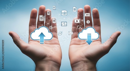 Two hands hold a variety of floating digital icons representing cloud storage and data sharing against a solid light blue gradient background.