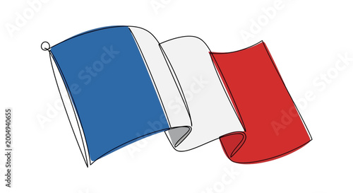 Waving French Flag - Tricolor Design, One Line Art, Symbol of France