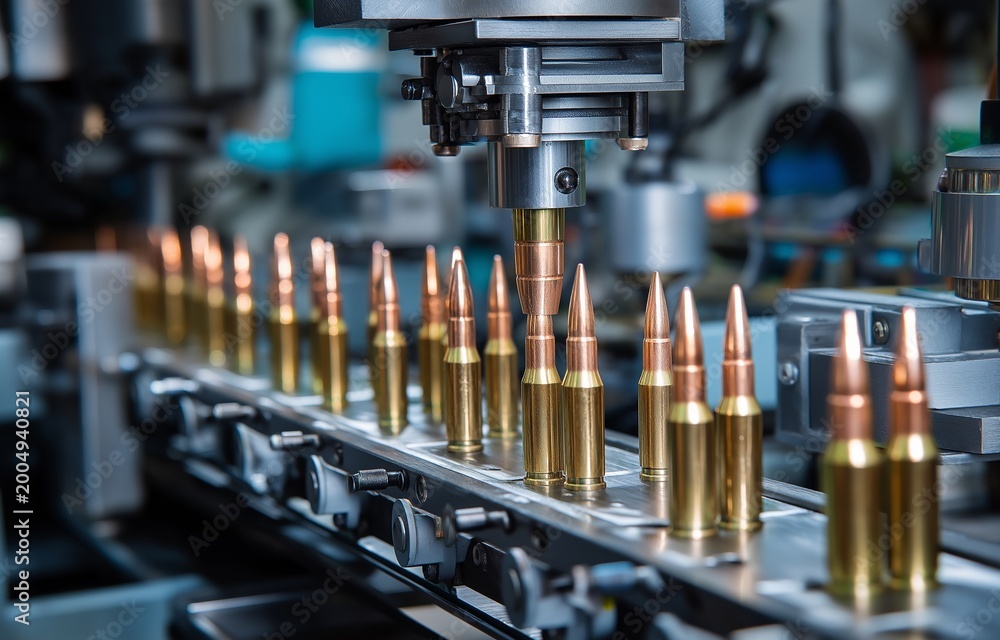 Naklejka premium The machinery used in the production of gun bullets runs along a factory conveyor, charging projectile tips into casings with synchronized automation for ammo assembly.