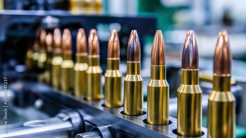 Naklejka premium The machinery used in the production of gun bullets runs along a factory conveyor, charging projectile tips into casings with synchronized automation for ammo assembly.
