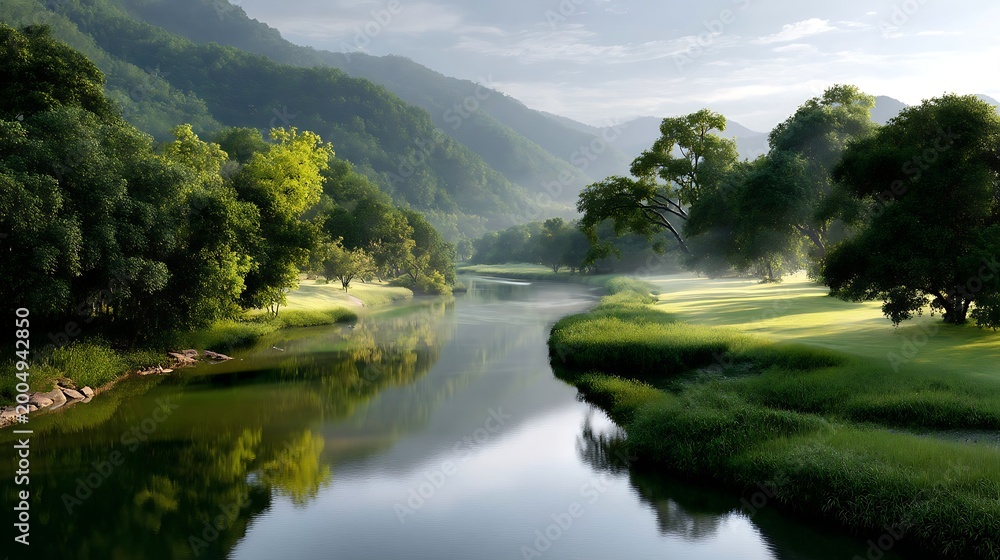 Fototapeta premium Serene Summer Landscape with River and Lush Green Forests