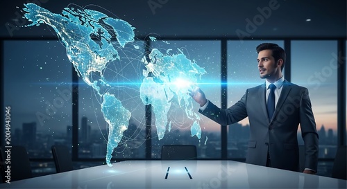 Executive points at a glowing digital world map in a meeting room.