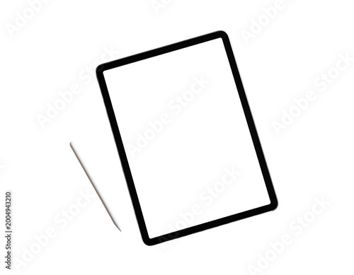 Sleek digital tablet and stylus with blank screen, isolated