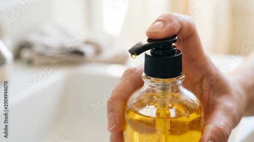 hand pouring natural amber liquid soap from glass bottle in bathroom