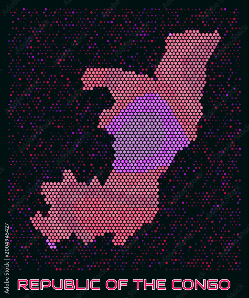 Obraz premium Republic of the Congo digital style hexagon map. Vibrant magenta purple pink neon dotted shape. Country tiny bright hexagon cells. Republic of the Congo honeycomb map design.
