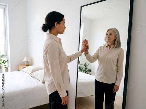 Mother’s Day: Woman Facing Her Future Self in Mirror, Emotional Growth, Time Reflection, Minimal Concept